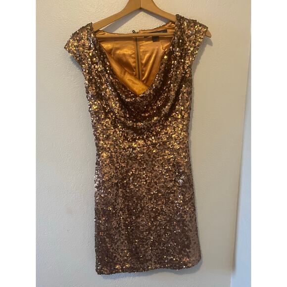 Womens French Connection Bronze Sequins Cowl Neck New Years Holiday Dress Size 6 - Picture 3 of 6